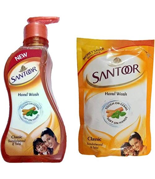 Santoor Classic Sandalwood and Tulsi Soft On 2 Hand Wash POUCH (215 + 180) Pump Dispenser  (2 x 197.5 ml)